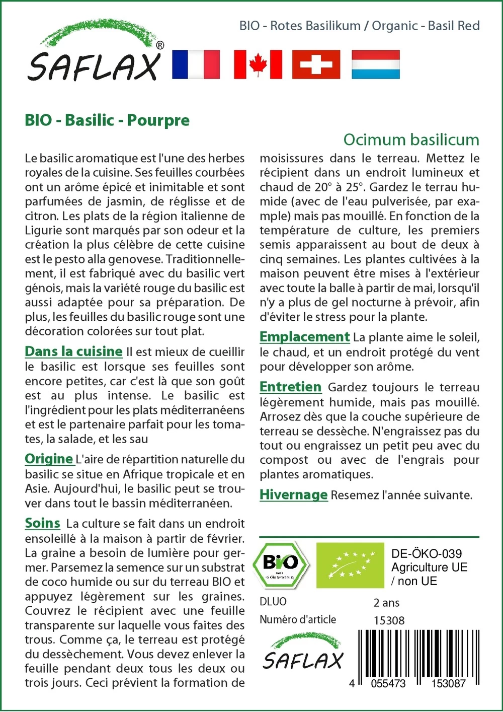 Kit De Culture - Bio - Basilic - Pourpre - 400 Graines - Ocimum Basilicum – Image 3
